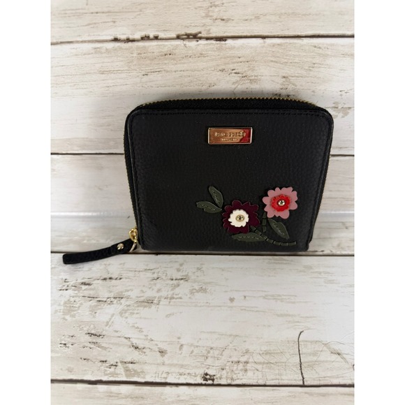 kate spade Handbags - Kate Spade Black Pebbled Leather Floral Applique Zip Around Bifold Small Wallet